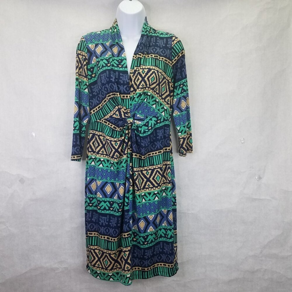 Tori Richard Honolulu Dress Women M 3/4 Sleeve Blue Ruched Front Vacation Cruise